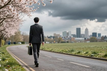 A man in a suit walks along a curved road lined with cherry blossom trees, carrying a briefcase. A cityscape and dark clouds are in the background.