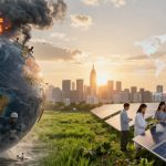 A split scene with a burning Earth on the left and a team of six scientists in lab coats examining solar panels on the right. A city skyline and digital world maps appear in the background against a sunset sky.