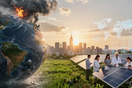 A split scene with a burning Earth on the left and a team of six scientists in lab coats examining solar panels on the right. A city skyline and digital world maps appear in the background against a sunset sky.