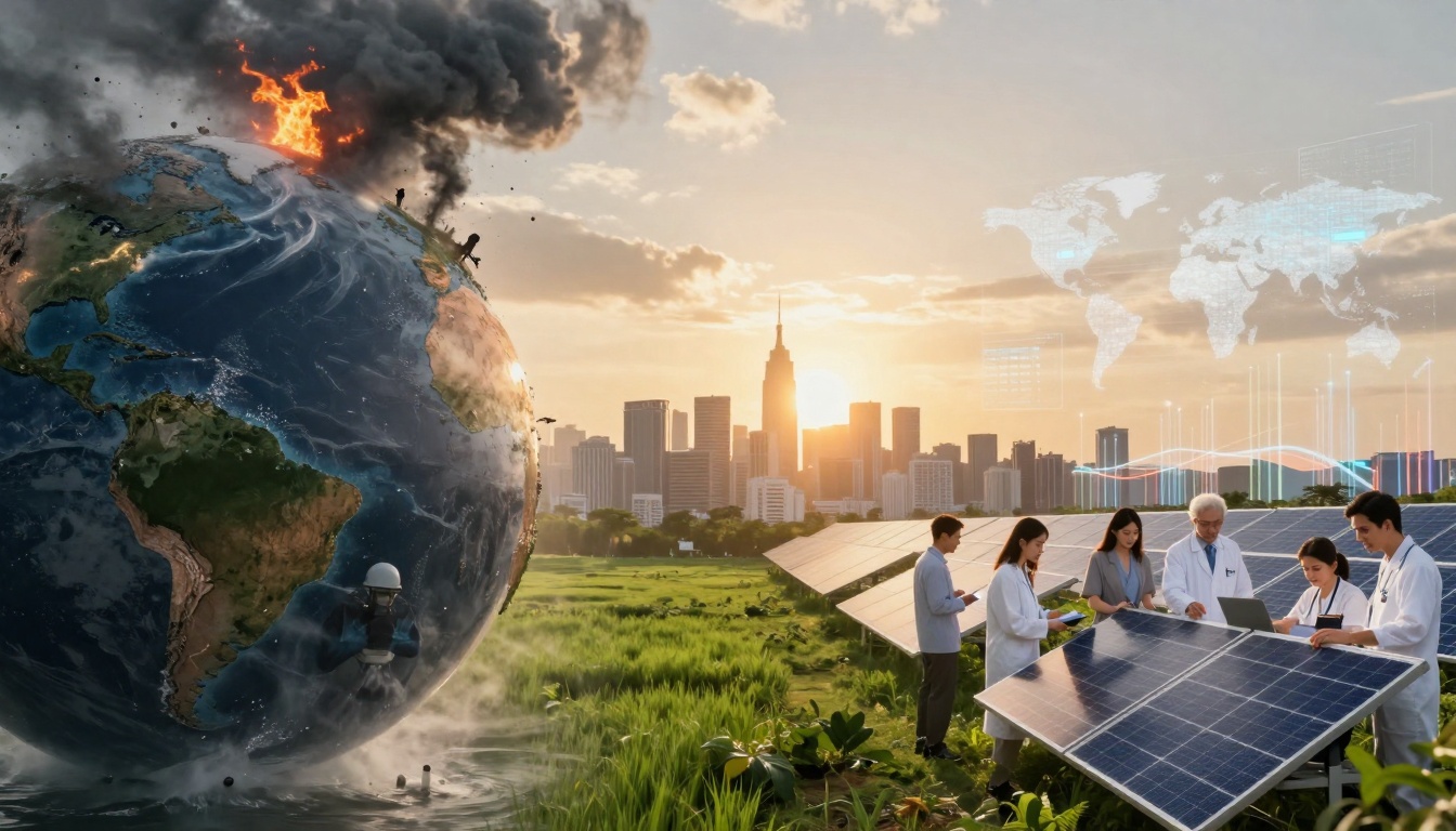A split scene with a burning Earth on the left and a team of six scientists in lab coats examining solar panels on the right. A city skyline and digital world maps appear in the background against a sunset sky.