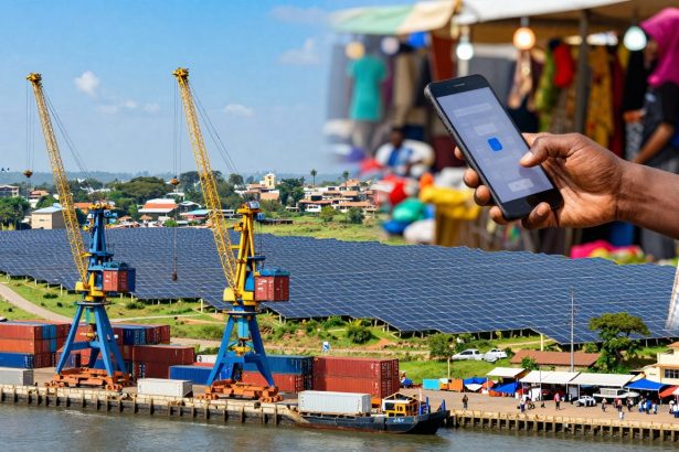 A large hand holds a smartphone displaying a mobile app, set against a background of a port with cranes, shipping containers, and solar panels. A market scene with blurred people and colorful stalls is partially visible.