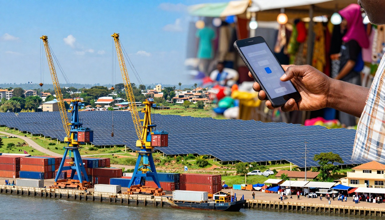 A large hand holds a smartphone displaying a mobile app, set against a background of a port with cranes, shipping containers, and solar panels. A market scene with blurred people and colorful stalls is partially visible.