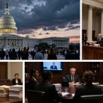 Top left: People gathered in front of the U.S. Capitol building at dusk, with a dramatic cloudy sky. Top right: Officials seated at a long wooden table with stacks of documents, in a room with tall columns. Bottom left: Man in a suit at a desk with documents, in a formal setting. Bottom right: Group of people in a meeting room, a man speaking on a video screen.
