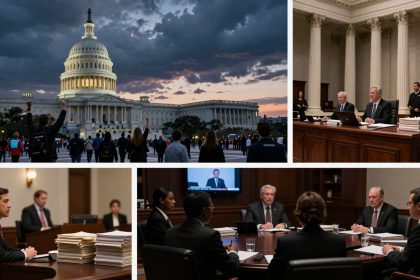 Top left: People gathered in front of the U.S. Capitol building at dusk, with a dramatic cloudy sky. Top right: Officials seated at a long wooden table with stacks of documents, in a room with tall columns. Bottom left: Man in a suit at a desk with documents, in a formal setting. Bottom right: Group of people in a meeting room, a man speaking on a video screen.