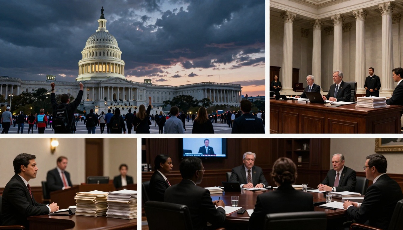 Top left: People gathered in front of the U.S. Capitol building at dusk, with a dramatic cloudy sky. Top right: Officials seated at a long wooden table with stacks of documents, in a room with tall columns. Bottom left: Man in a suit at a desk with documents, in a formal setting. Bottom right: Group of people in a meeting room, a man speaking on a video screen.