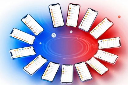 Fourteen smartphones arranged in a circle display messaging apps with emoji icons. The background has a blue and red gradient swirl.