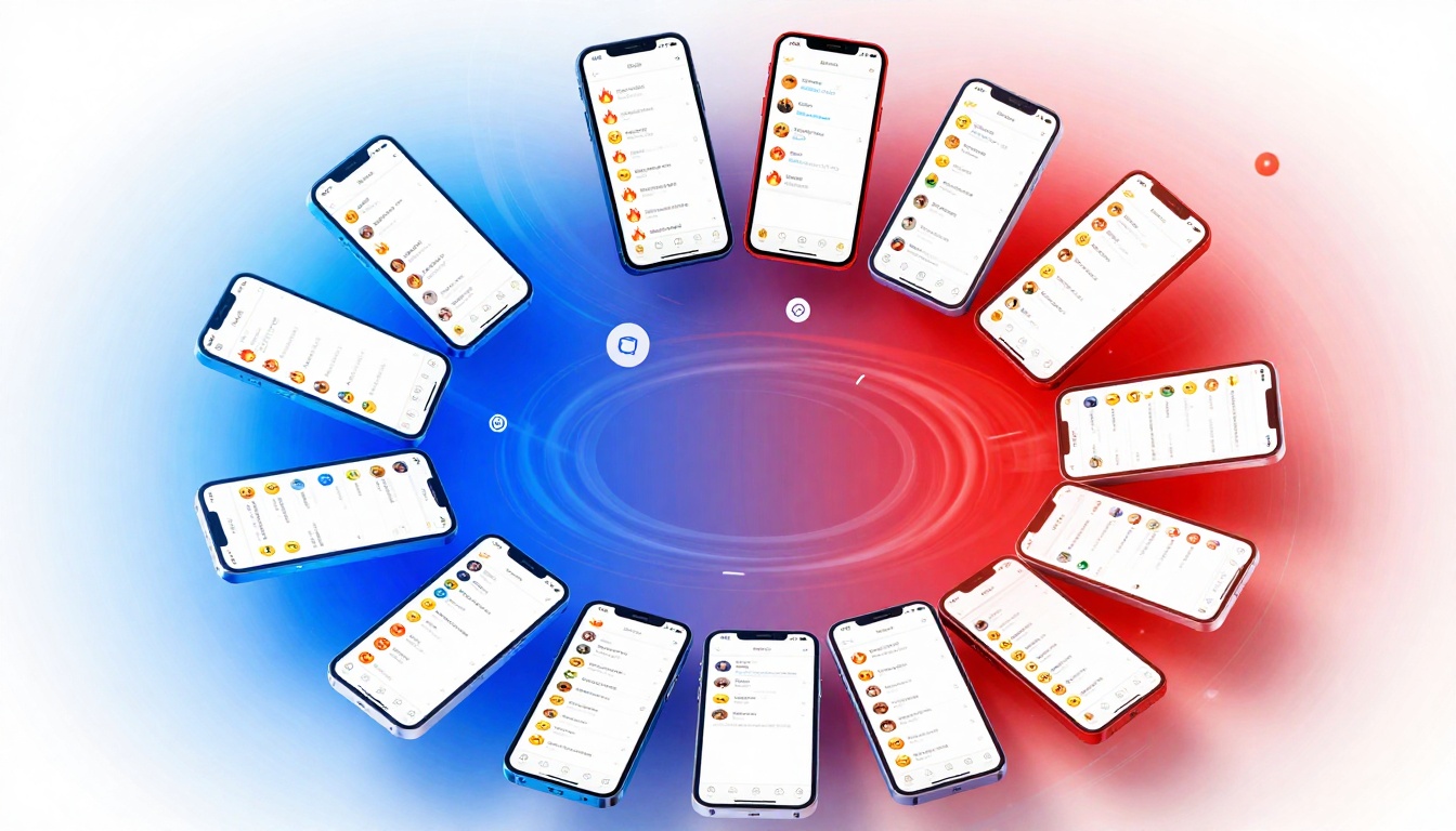Fourteen smartphones arranged in a circle display messaging apps with emoji icons. The background has a blue and red gradient swirl.