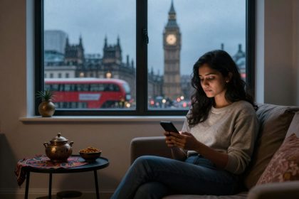 A woman sits on a sofa using a smartphone in a softly lit room. A window behind her shows the Big Ben and a red double-decker bus. A small table holds a teapot and bowl.