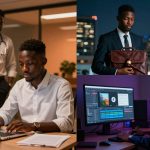 A collage of three images: Left, a man in a white shirt works on a laptop in an office, another man stands in the background. Top right, a man in a suit holds a leather briefcase and gavel, city lights in the background. Bottom right, a man edits video content on a computer in a dimly lit room.