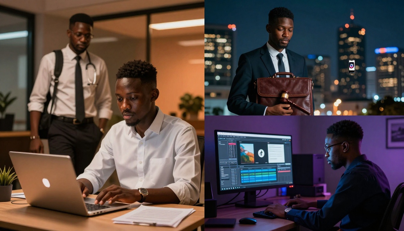 A collage of three images: Left, a man in a white shirt works on a laptop in an office, another man stands in the background. Top right, a man in a suit holds a leather briefcase and gavel, city lights in the background. Bottom right, a man edits video content on a computer in a dimly lit room.