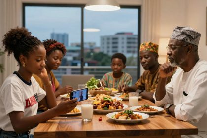 A family of five sits at a dining table with plates of food and glasses of milk. A young girl in a white shirt holds a smartphone, while others engage with the meal. The setting is a modern dining room with a city view through the window.
