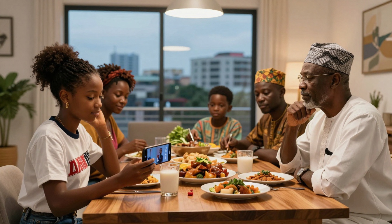 A family of five sits at a dining table with plates of food and glasses of milk. A young girl in a white shirt holds a smartphone, while others engage with the meal. The setting is a modern dining room with a city view through the window.