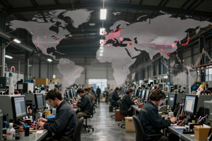 A factory floor with rows of workers at computer stations, wearing dark uniforms. A digital world map overlay displays data points.