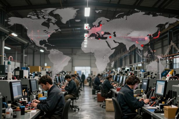 A factory floor with rows of workers at computer stations, wearing dark uniforms. A digital world map overlay displays data points.