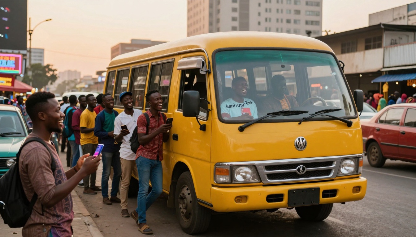 A group of people, some holding phones, stand and laugh near a yellow bus on a city street. Buildings and other vehicles are in the background.