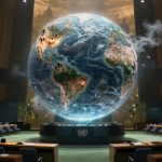 A large, illuminated globe displaying Earth with visible continents and weather patterns is suspended in the center of a conference room with rows of curved, tiered seating.
