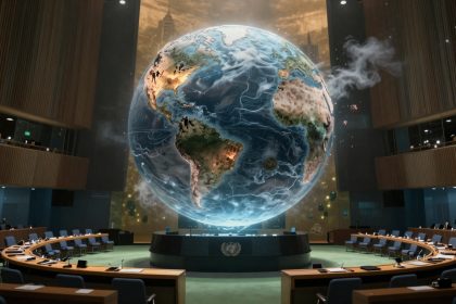 A large, illuminated globe displaying Earth with visible continents and weather patterns is suspended in the center of a conference room with rows of curved, tiered seating.