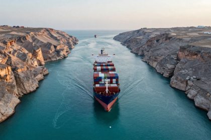A large cargo ship navigates a narrow, rocky canal, carrying colorful shipping containers. Steep cliffs line the waterway under a clear sky.