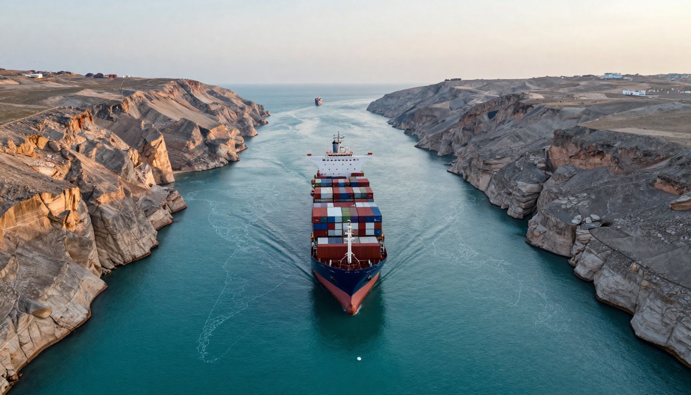 A large cargo ship navigates a narrow, rocky canal, carrying colorful shipping containers. Steep cliffs line the waterway under a clear sky.
