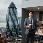 A man in a suit holds a coffee cup, standing in a modern kitchen with gray cabinets. Three people sit at a table interacting with a cardboard box. The background shows a cityscape with the Gherkin building under cloudy skies.