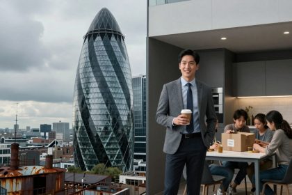 A man in a suit holds a coffee cup, standing in a modern kitchen with gray cabinets. Three people sit at a table interacting with a cardboard box. The background shows a cityscape with the Gherkin building under cloudy skies.