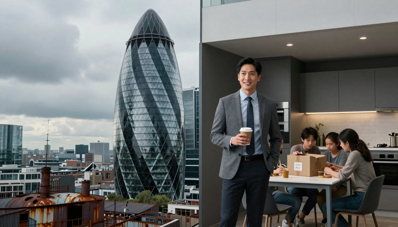 A man in a suit holds a coffee cup, standing in a modern kitchen with gray cabinets. Three people sit at a table interacting with a cardboard box. The background shows a cityscape with the Gherkin building under cloudy skies.