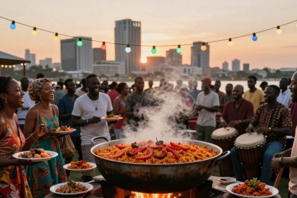 A lively outdoor gathering at sunset with people enjoying food and music. A large pot of steaming rice is in the foreground, surrounded by people holding plates. Colorful string lights hang above, and a city skyline is visible in the background.