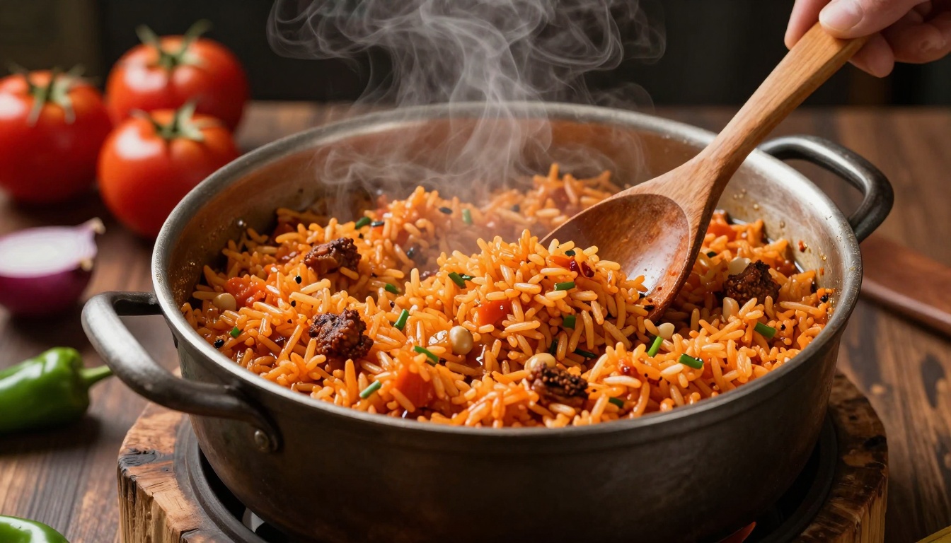 A steaming pot of red rice with vegetables and nuts being stirred with a wooden spoon. Fresh tomatoes, onion, and peppers are in the background.