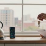 In a kitchen, a hand holds keys above a countertop. A child reads a document labeled "Renterhouse" beside a smartphone displaying stock charts. A steaming kettle is on the stove. A window shows a cityscape in the background.