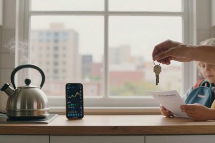 In a kitchen, a hand holds keys above a countertop. A child reads a document labeled "Renterhouse" beside a smartphone displaying stock charts. A steaming kettle is on the stove. A window shows a cityscape in the background.