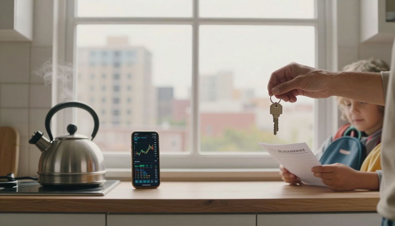 In a kitchen, a hand holds keys above a countertop. A child reads a document labeled "Renterhouse" beside a smartphone displaying stock charts. A steaming kettle is on the stove. A window shows a cityscape in the background.