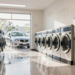 A laundromat with rows of silver washing machines and gray lockers on the right. Sunlight streams in through a large window, with a car visible outside.