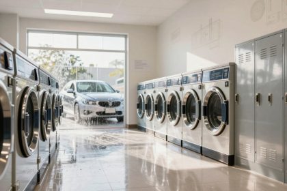 A laundromat with rows of silver washing machines and gray lockers on the right. Sunlight streams in through a large window, with a car visible outside.