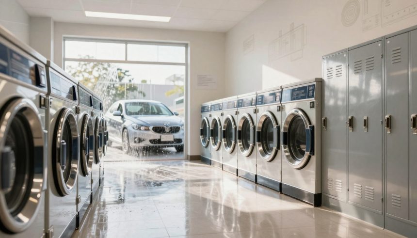 A laundromat with rows of silver washing machines and gray lockers on the right. Sunlight streams in through a large window, with a car visible outside.