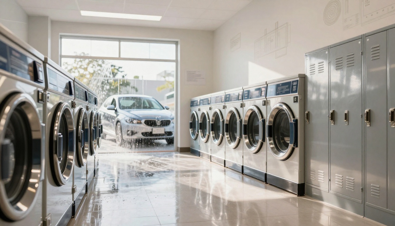 A laundromat with rows of silver washing machines and gray lockers on the right. Sunlight streams in through a large window, with a car visible outside.