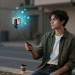 A young man sits outdoors on a bench, holding a smartphone on a selfie stick. Digital icons float near the phone. A laptop and coffee cup are beside him.