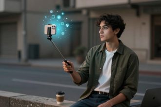 A young man sits outdoors on a bench, holding a smartphone on a selfie stick. Digital icons float near the phone. A laptop and coffee cup are beside him.