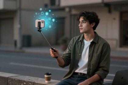 A young man sits outdoors on a bench, holding a smartphone on a selfie stick. Digital icons float near the phone. A laptop and coffee cup are beside him.