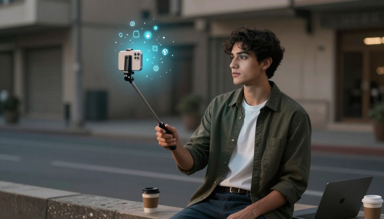 A young man sits outdoors on a bench, holding a smartphone on a selfie stick. Digital icons float near the phone. A laptop and coffee cup are beside him.
