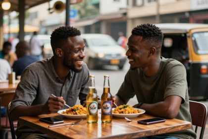 Two men sit at a wooden table outdoors, smiling and eating a meal with rice. Two bottles of Star beer are on the table. A tuk-tuk is visible in the background.