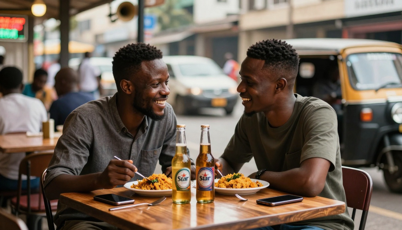 Two men sit at a wooden table outdoors, smiling and eating a meal with rice. Two bottles of Star beer are on the table. A tuk-tuk is visible in the background.