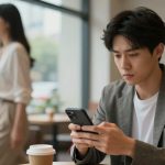 A person in a gray blazer is intently looking at a smartphone while seated at a café table. A coffee cup is on the table. A blurred figure walks by in the background.