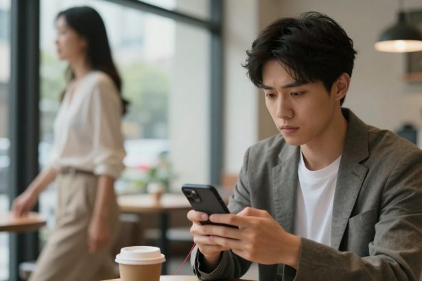 A person in a gray blazer is intently looking at a smartphone while seated at a café table. A coffee cup is on the table. A blurred figure walks by in the background.