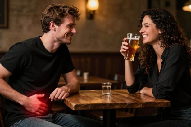 A man and woman sit at a wooden table in a dimly lit bar. The man holds his stomach, which glows red, while the woman smiles, holding a glass of beer.