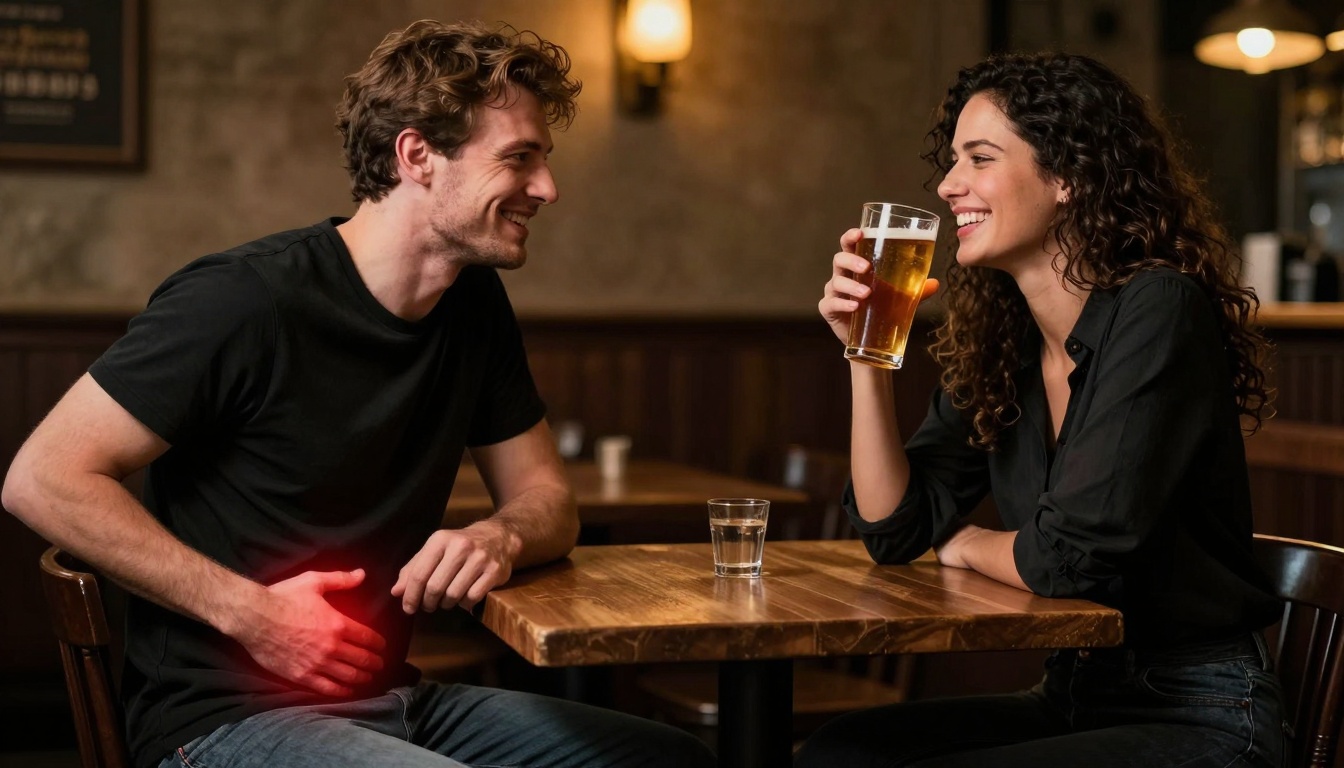 A man and woman sit at a wooden table in a dimly lit bar. The man holds his stomach, which glows red, while the woman smiles, holding a glass of beer.