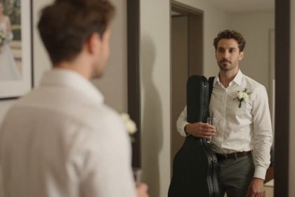 A man with a beard stands in front of a mirror, wearing a white shirt and holding a guitar case and a glass. A wedding photo is visible on the wall.