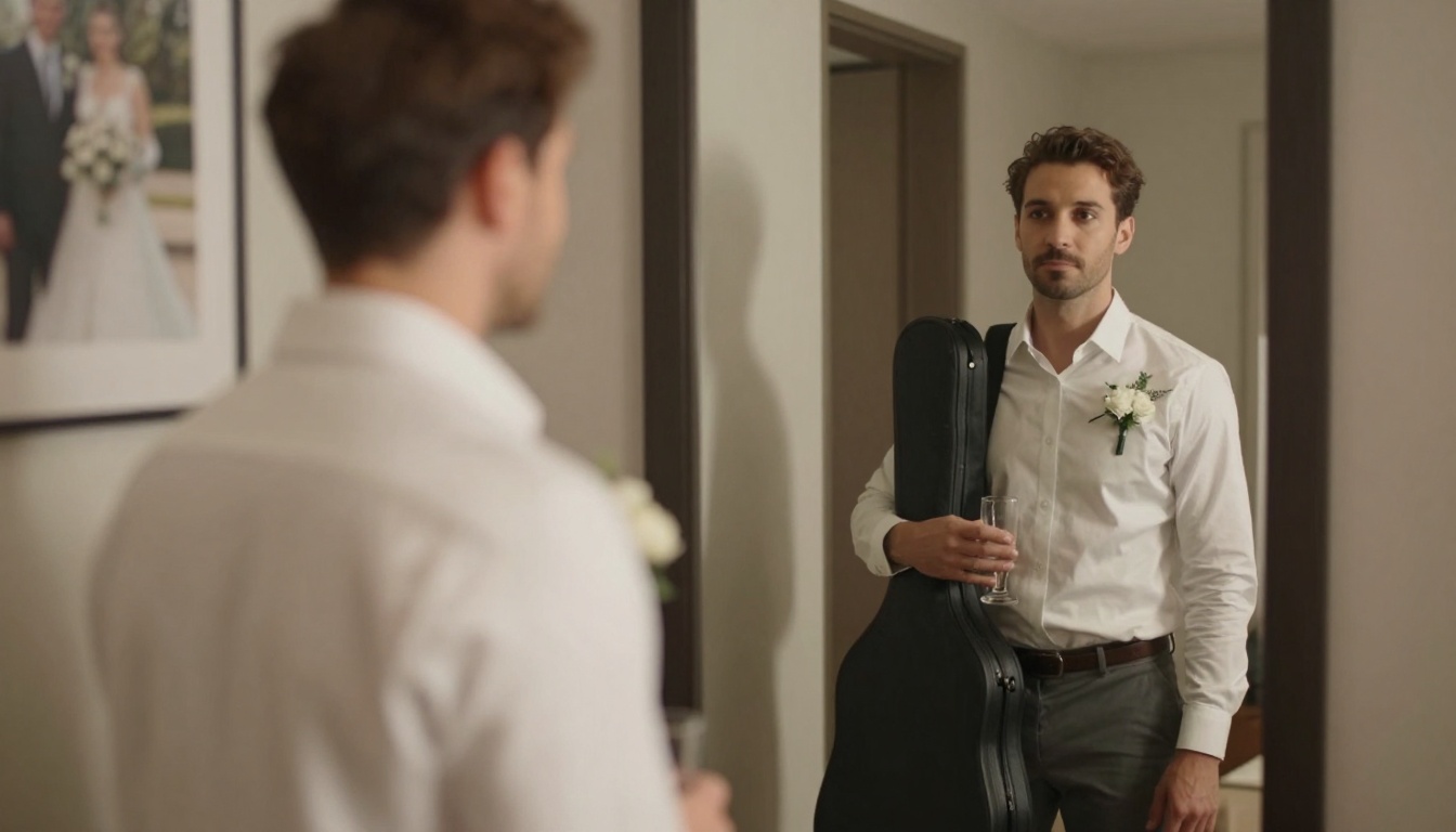 A man with a beard stands in front of a mirror, wearing a white shirt and holding a guitar case and a glass. A wedding photo is visible on the wall.