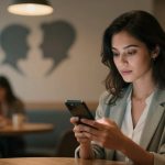 A woman with long dark hair wearing a gray blazer looks at her smartphone in a cafe. Two people sit blurred in the background, with a wall art silhouette of two faces behind them. Warm lighting adds a cozy atmosphere.