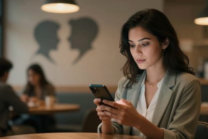 A woman with long dark hair wearing a gray blazer looks at her smartphone in a cafe. Two people sit blurred in the background, with a wall art silhouette of two faces behind them. Warm lighting adds a cozy atmosphere.