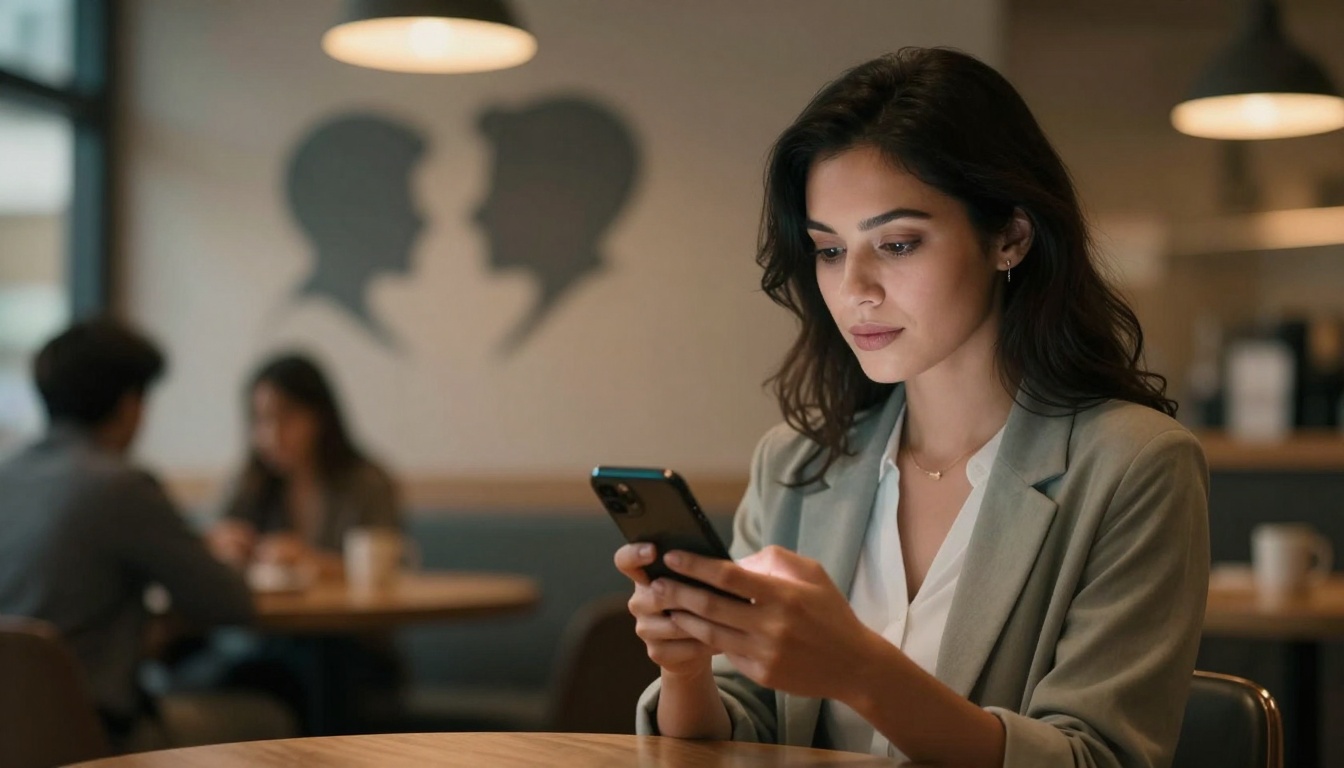 A woman with long dark hair wearing a gray blazer looks at her smartphone in a cafe. Two people sit blurred in the background, with a wall art silhouette of two faces behind them. Warm lighting adds a cozy atmosphere.